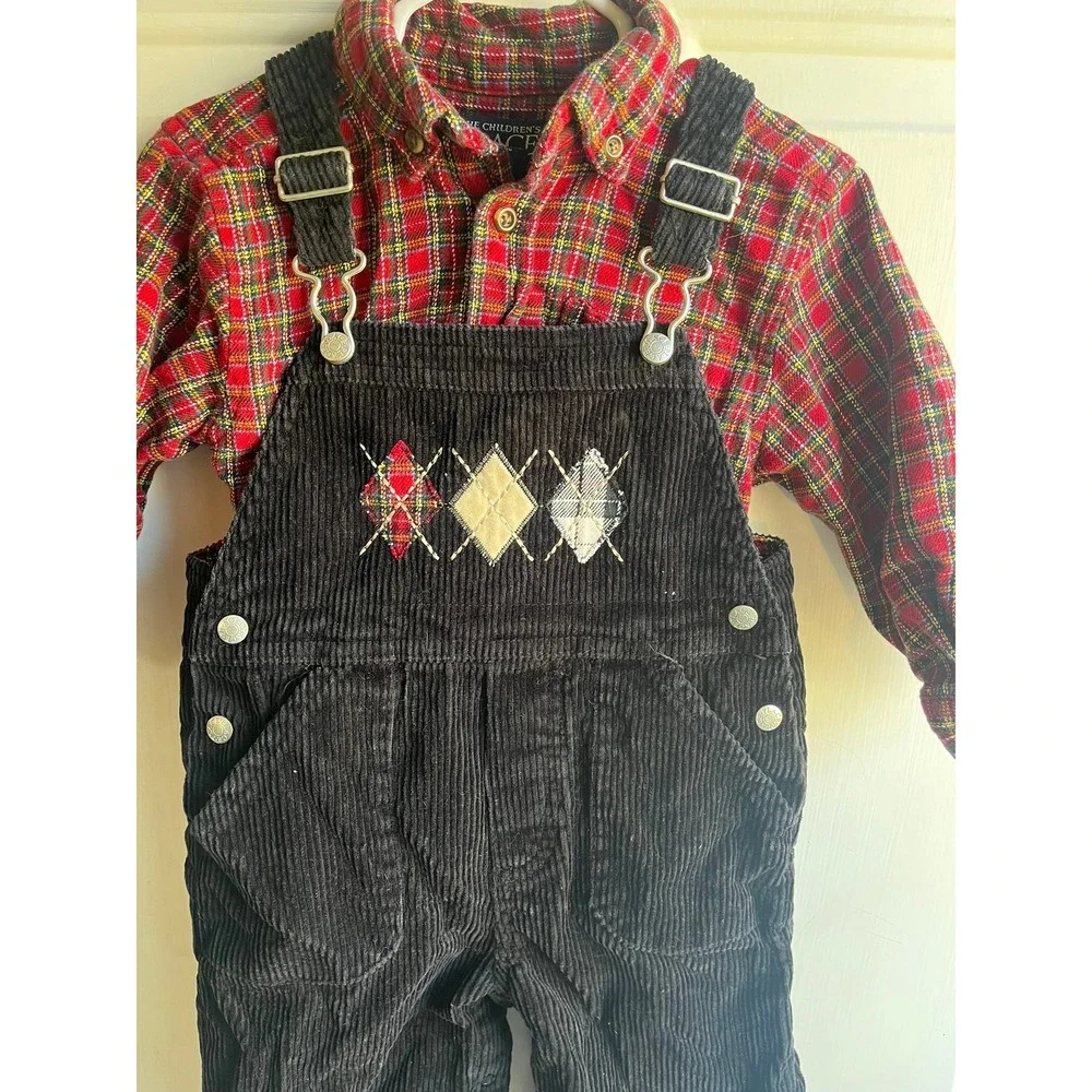 90's The Children's Place Baby Boys Corduroy Overalls and‎ Flannel Holiday Set - Picture 2 of 7